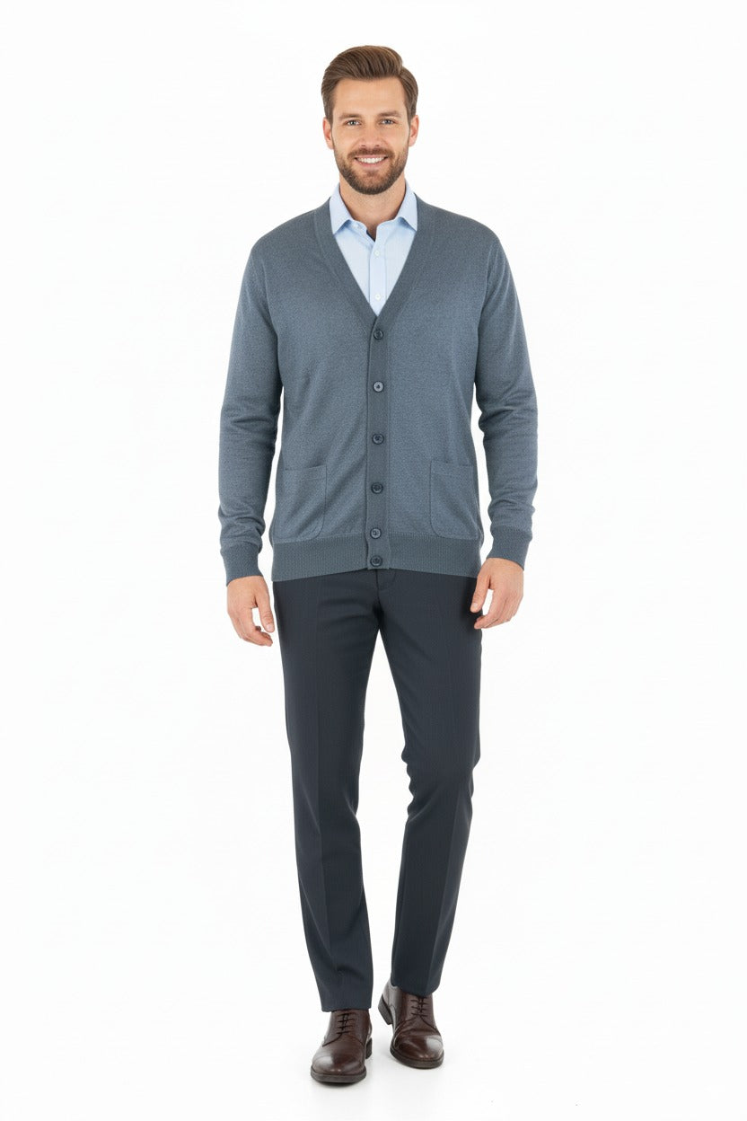 Erkek V Yakalı Düğmeli Cepli Klasik Model Rahat Kesim Tam Kalıp Yünlü Dokuma Hırka